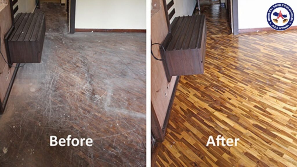 before and after photo of parqueting polishing service in kathmandu