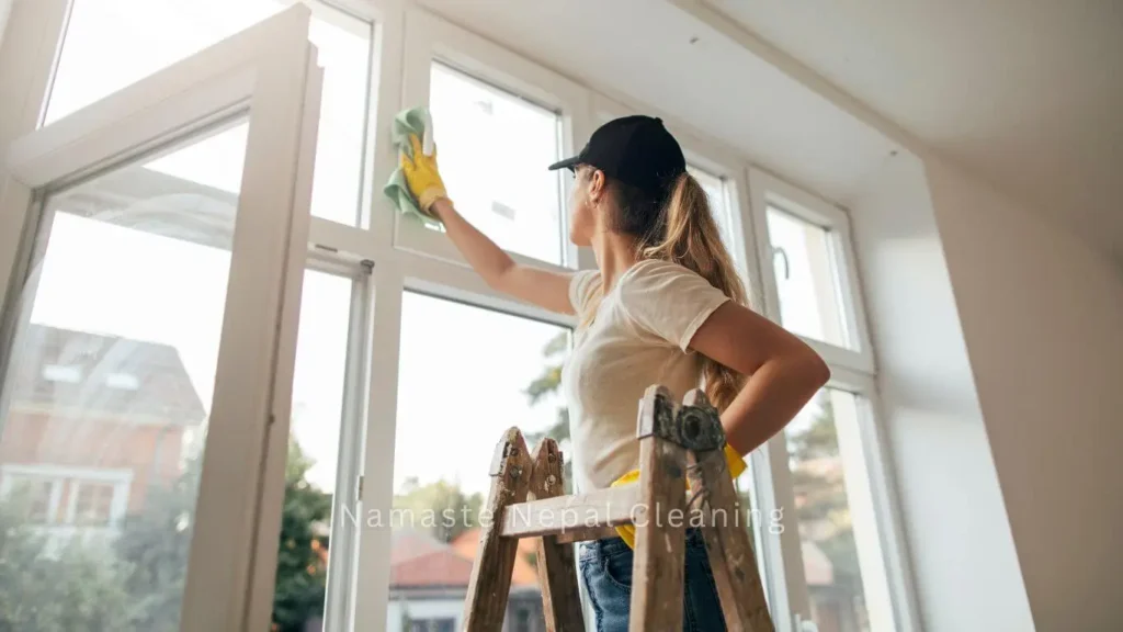 staff from namaste nepal company cleaning window