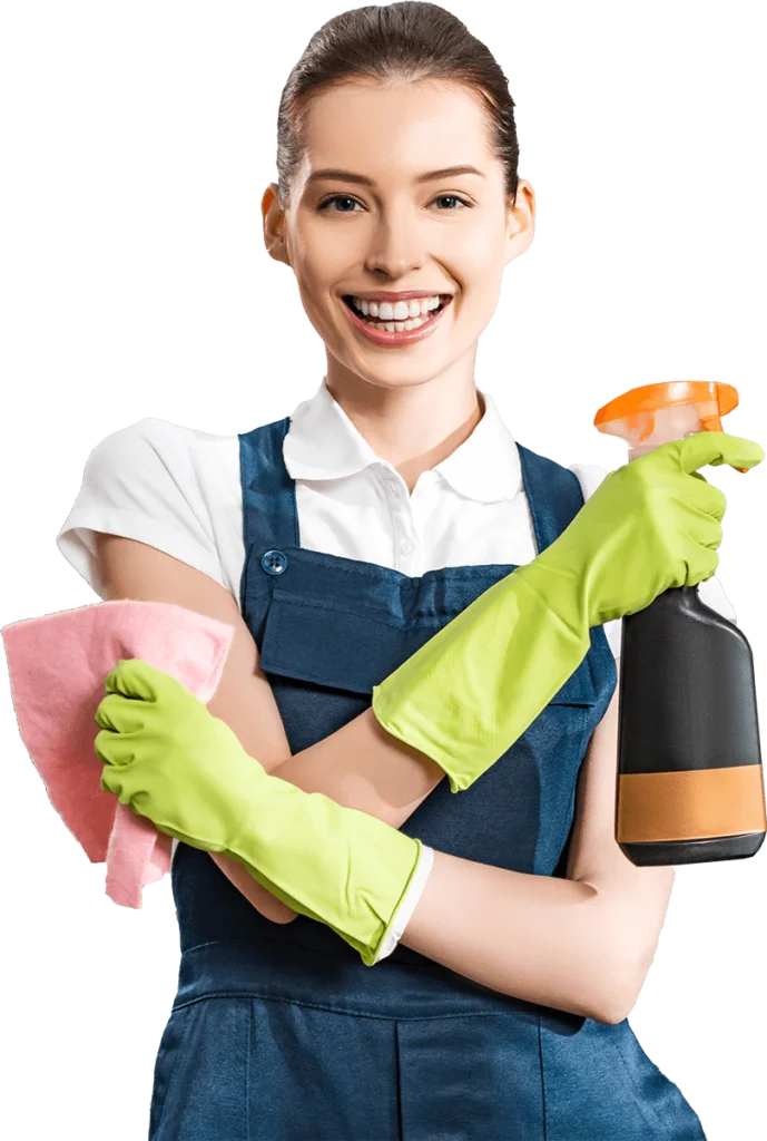 a woman wearing a uniform and gloves holding a spray bottle and a rag featuring namaste nepal cleaning services in Kathmandu